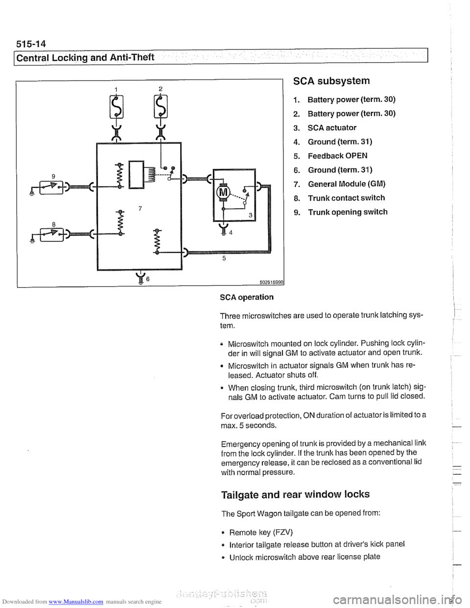 BMW 525i 2001 E39 Owners Guide Downloaded from www.Manualslib.com manuals search engine
SCA subsystem
1. Battery power (term. 30)
2. Battery power (term. 30)
3. SCA actuator
4. Ground (term. 31)
5. Feedback OPEN
6. Ground BMW 525i 2001 E39 Owners Guide Downloaded from www.Manualslib.com manuals search engine
SCA subsystem
1. Battery power (term. 30)
2. Battery power (term. 30)
3. SCA actuator
4. Ground (term. 31)
5. Feedback OPEN
6. Ground