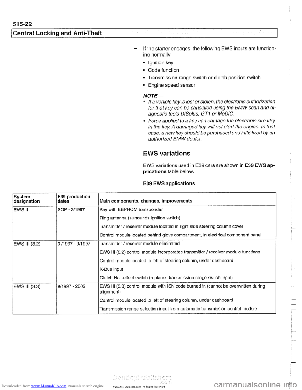 BMW 530i 1999 E39 Workshop Manual Downloaded from www.Manualslib.com manuals search engine 
Central Locking  and Anii-Theft 
- If the starter engages,  the following  EWS inputs  are function- 
ing  normally: 
Ignition  key 
Code  fun