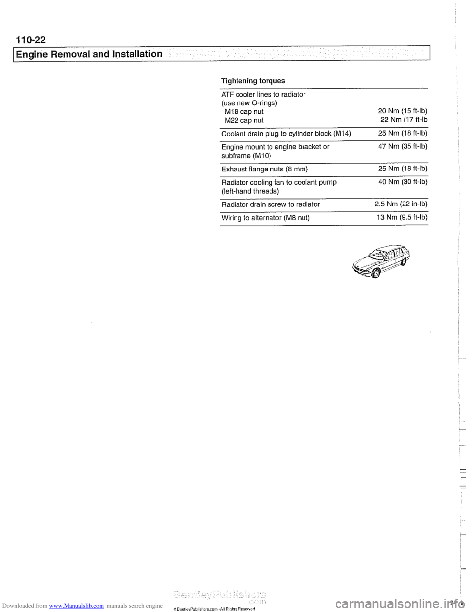 BMW 528i 1999 E39 User Guide Downloaded from www.Manualslib.com manuals search engine
Engine Removal and Installation
Tightening torques
ATF cooler lines to radiator
(use new O-rings)
MI8 cap nut 20 Nm (15 ft-lb)
M22 cap BMW 528i 1999 E39 User Guide Downloaded from www.Manualslib.com manuals search engine
Engine Removal and Installation
Tightening torques
ATF cooler lines to radiator
(use new O-rings)
MI8 cap nut 20 Nm (15 ft-lb)
M22 cap