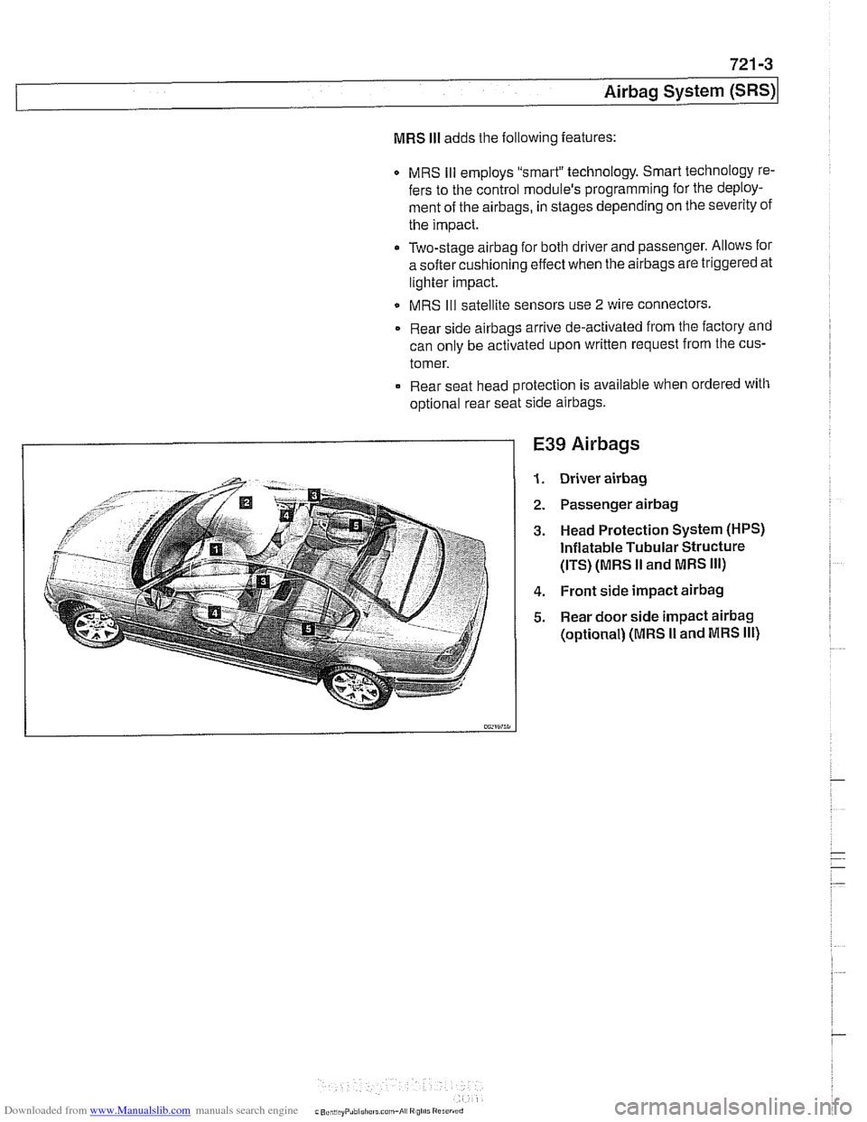 BMW 525i 1997 E39 Owners Guide Downloaded from www.Manualslib.com manuals search engine 
721 -3 
Airbag System (SRS) 
MRS Ill adds the following features: 
MRS 
Ill employs "smart" technology.  Smart technology  re- 
fers  to the  