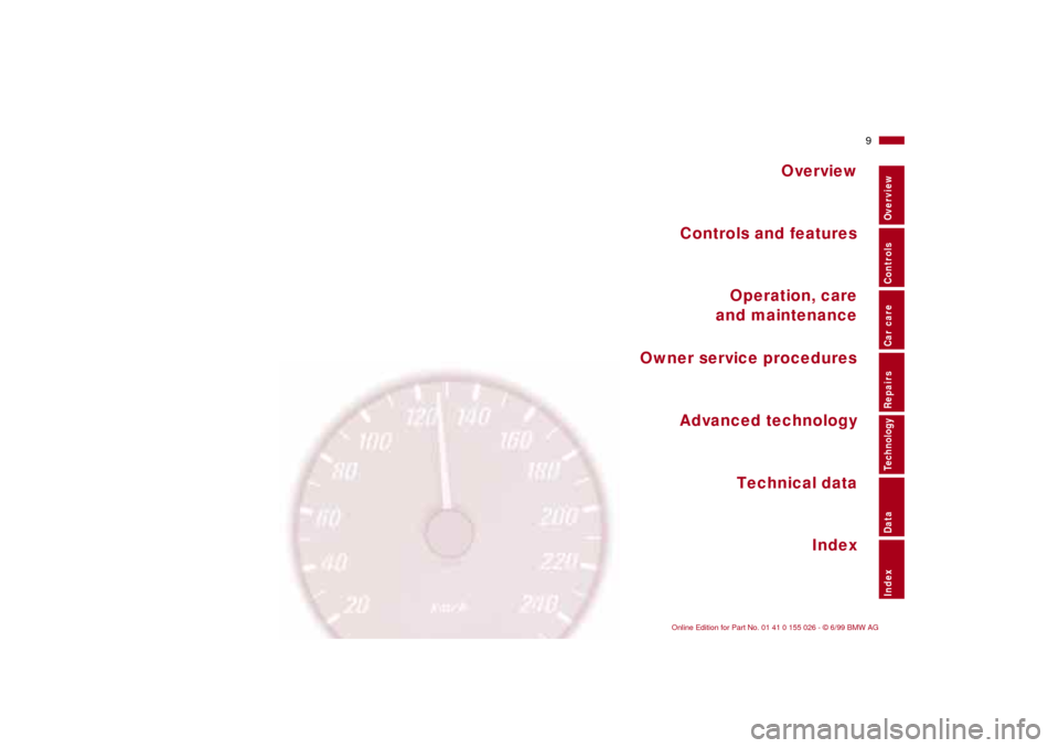 BMW 323Ci COUPE 2000 E46 User Guide  
Overview
Controls and features
Operation, care
and maintenance
Owner service procedures
Technical data
Index Advanced technology
 
9n
 
RepairsIndexOverview Controls Car care Technology Data 