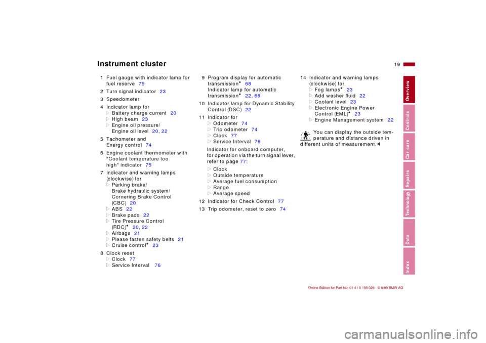 BMW 328Ci COUPE 2000 E46 Owners Manual  
19n
 
RepairsIndexOverview Controls Car care Technology Data
 
Instrument cluster
 
1 Fuel gauge with indicator lamp for
fuel reserve75
2 Turn signal indicator23
3 Speedometer
4 Indicator lamp for 
