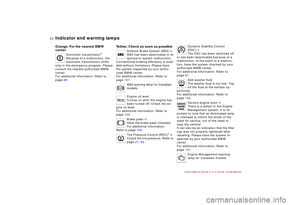 BMW 328Ci COUPE 2000 E46 Owners Manual 22n
Indicator and warning lampsOrange: For the nearest BMW 
center
Automatic transmission
*
Because of a malfunction, the 
automatic transmission shifts 
only in the emergency program. Please 
consult