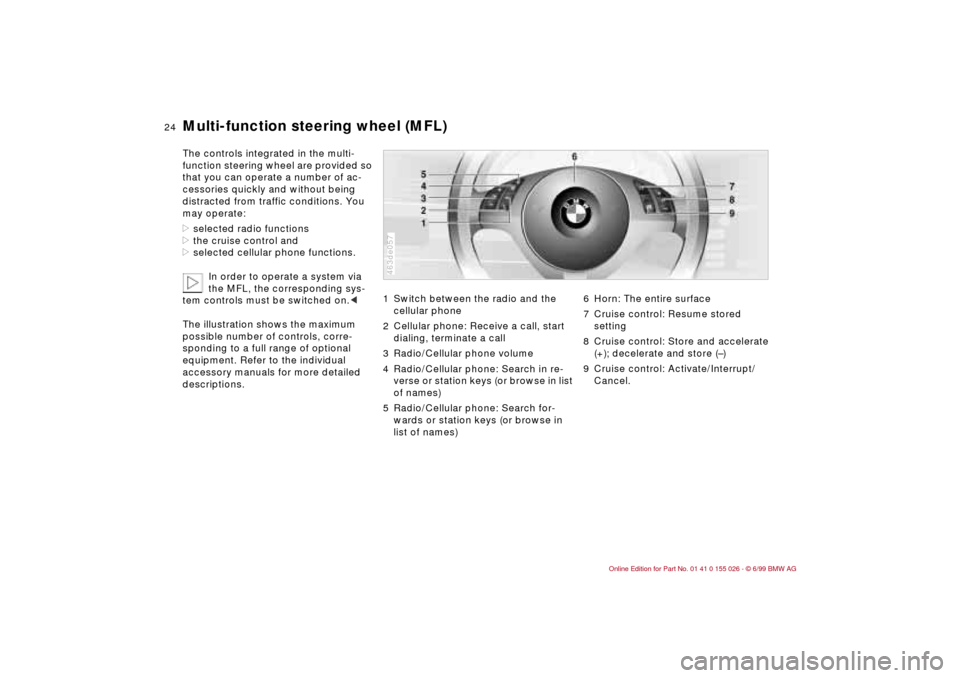 BMW 323Ci COUPE 2000 E46 Owners Guide 24n
Multi-function steering wheel (MFL)
 
The controls integrated in the multi-
function steering wheel are provided so 
that you can operate a number of ac-
cessories quickly and without being 
distr