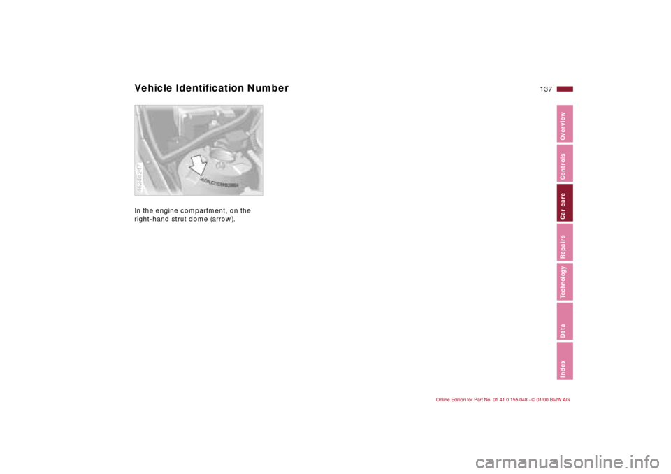 BMW 328Ci CONVERTIBLE 2000 E46 Owners Guide 137n
IndexDataTechnologyRepairsCar careControlsOverview
Vehicle Identification NumberIn the engine compartment, on the 
right-hand strut dome (arrow). 462de247 