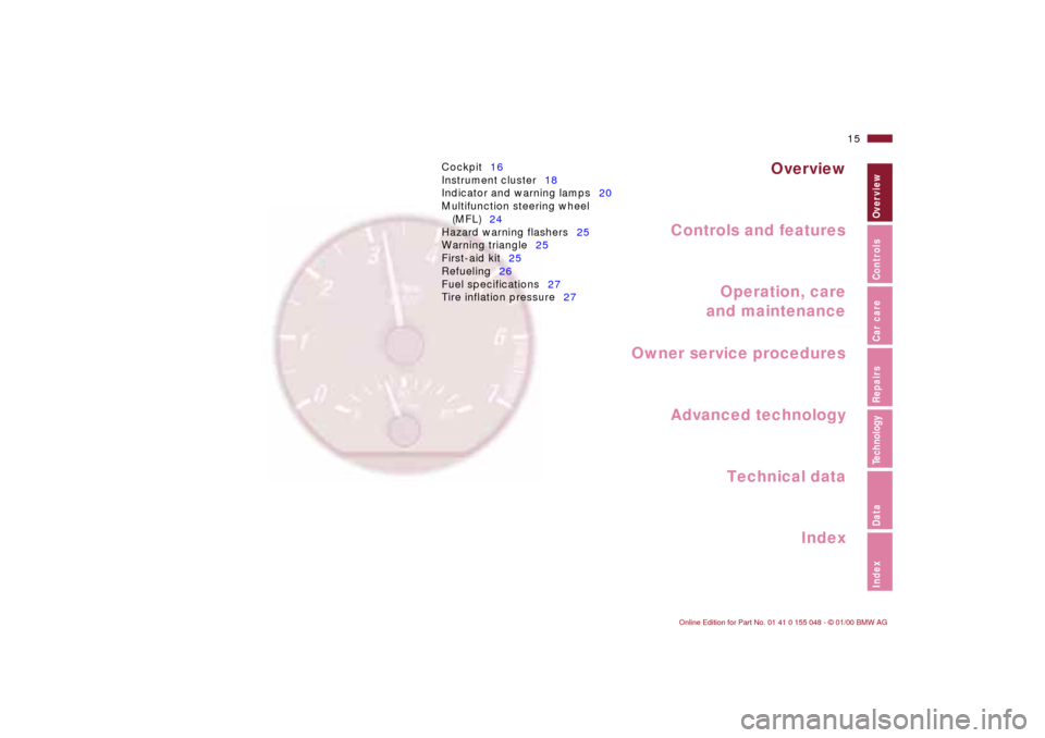 BMW 328Ci CONVERTIBLE 2000 E46 User Guide  
Overview
Controls and features
Operation, care
and maintenance
Owner service procedures
Technical data
Index Advanced technology
 
15n
 
IndexDataTechnologyRepairsCar careControlsOverview
 Cockpit16