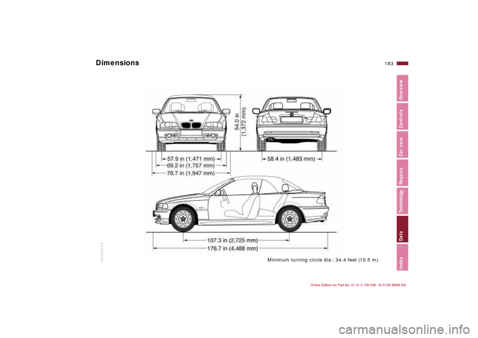 BMW 328Ci CONVERTIBLE 2000 E46 Owners Manual 183n
IndexDataTechnologyRepairsCar careControlsOverview
46use019
Minimum turning circle dia.: 34.4 feet (10.5 m).
Dimensions  