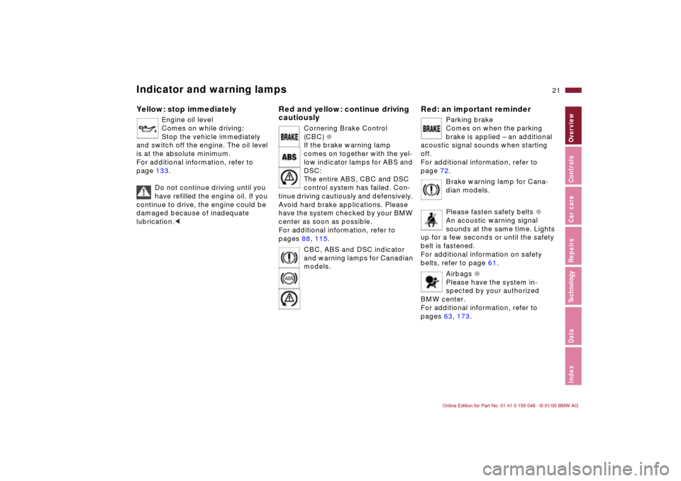 BMW 328Ci CONVERTIBLE 2000 E46 Owners Guide 21n
IndexDataTechnologyRepairsCar careControlsOverview
Indicator and warning lampsYellow: stop immediately
Engine oil level
 
Comes on while driving: 
Stop the vehicle immediately 
and switch off the 