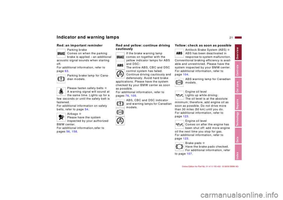 BMW M3 COUPE 2001 E46 Owners Guide
21n
IndexDataTechnologyRepairsCar careControlsOverview
Indicator and warning lamps
Red: an important reminder
Parking brake
Comes on when the parking
brake is applied Ð an additional
acou BMW M3 COUPE 2001 E46 Owners Guide
21n
IndexDataTechnologyRepairsCar careControlsOverview
Indicator and warning lamps
Red: an important reminder
Parking brake
Comes on when the parking
brake is applied Ð an additional
acou