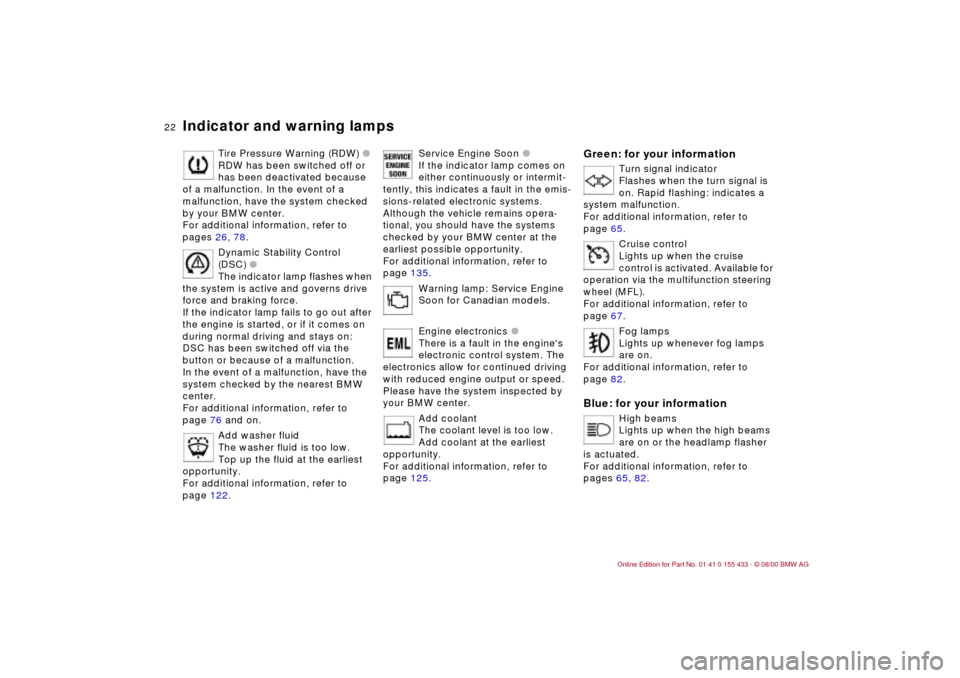 BMW M3 COUPE 2001 E46 Owners Manual 22n
Indicator and warning lamps
Tire Pressure Warning (RDW) l 
RDW has been switched off or 
has been deactivated because 
of a malfunction. In the event of a 
malfunction, have the system checked 
by