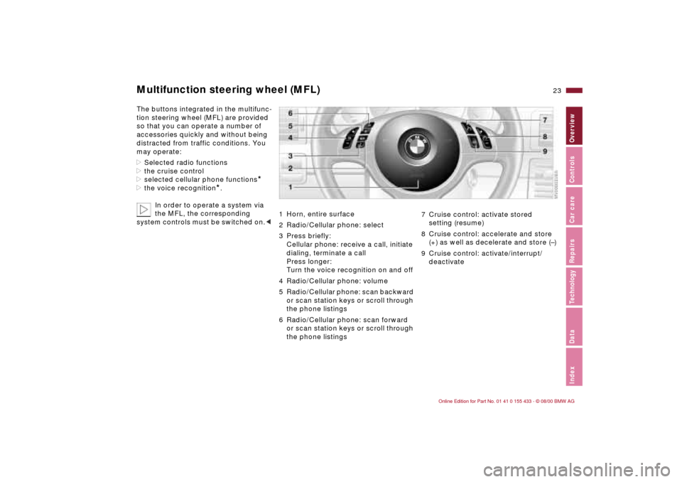 BMW M3 COUPE 2001 E46 Owners Manual 23n
IndexDataTechnologyRepairsCar careControlsOverview
Multifunction steering wheel (MFL)
 
The buttons integrated in the multifunc-
tion steering wheel (MFL) are provided 
so that you can operate a n