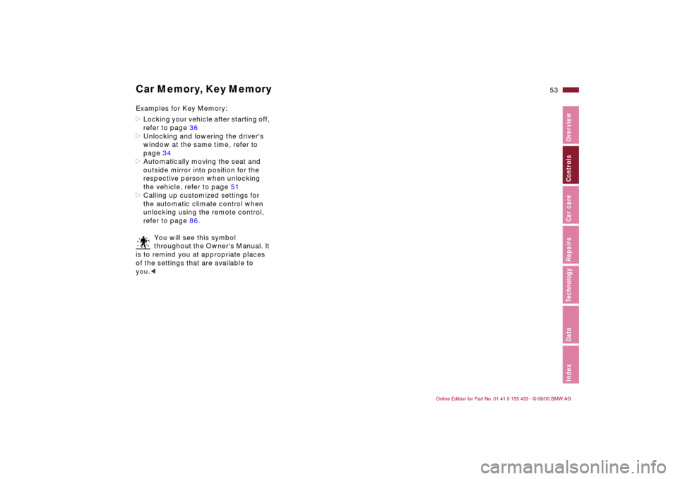 BMW M3 COUPE 2001 E46 Owners Manual 53n
IndexDataTechnologyRepairsCar careControlsOverview
Car Memory, Key MemoryExamples for Key Memory:
>Locking your vehicle after starting off, 
refer to page 36
>Unlocking and lowering the drivers 
