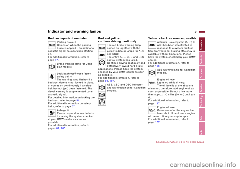 BMW M3 CONVERTIBLE 2001 E46 Owners Guide 21n
IndexDataTechnologyRepairsCar careControlsOverview
Indicator and warning lampsRed: an important reminder
Parking brake l
Comes on when the parking
brake is applied – an additional
acoustic si BMW M3 CONVERTIBLE 2001 E46 Owners Guide 21n
IndexDataTechnologyRepairsCar careControlsOverview
Indicator and warning lampsRed: an important reminder
Parking brake l
Comes on when the parking
brake is applied – an additional
acoustic si