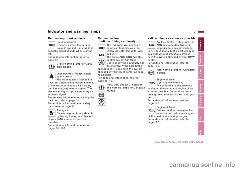 BMW M3 CONVERTIBLE 2001 E46 Owners Manual 21n
IndexDataTechnologyRepairsCar careControlsOverview
Indicator and warning lampsRed: an important reminder
Parking brake l 
Comes on when the parking 
brake is applied – an additional 
acoustic si