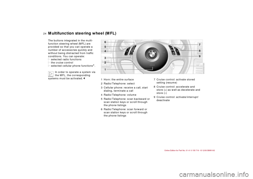 BMW M3 CONVERTIBLE 2001 E46 Owners Manual 24n
Multifunction steering wheel (MFL)
 
The buttons integrated in the multi-
function steering wheel (MFL) are 
provided so that you can operate a 
number of accessories quickly and 
without being di