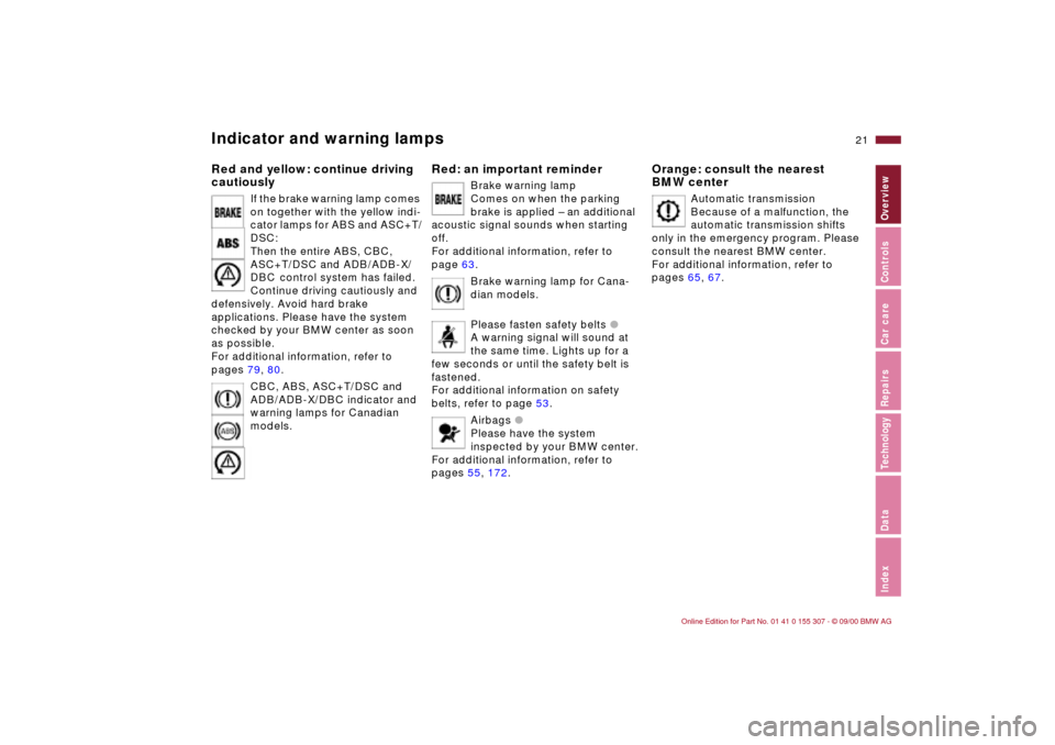 BMW 325i TOURING 2001 E46 Owners Manual 21n
IndexDataTechnologyRepairsCar careControlsOverview
Indicator and warning lampsRed and yellow: continue driving 
cautiously 
If the brake warning lamp comes 
on together with the yellow indi-
cator
