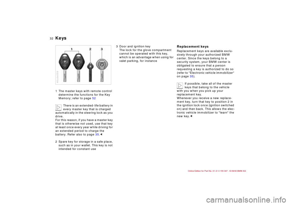 BMW 330i TOURING 2001 E46 Owners Guide 32n
Keys1 The master keys with remote control
determine the functions for the Key
Memory; refer to page 52
There is an extended-life battery in
every master key that is charged
automatically in th BMW 330i TOURING 2001 E46 Owners Guide 32n
Keys1 The master keys with remote control
determine the functions for the Key
Memory; refer to page 52
There is an extended-life battery in
every master key that is charged
automatically in th
