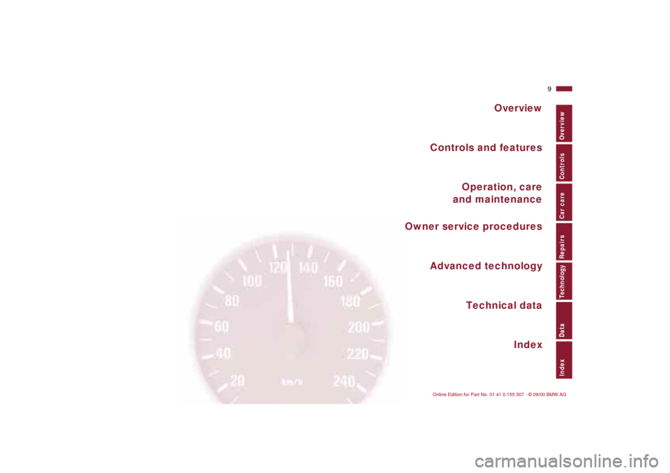 BMW 325i TOURING 2001 E46 Owners Manual  
Overview
Controls and features
Operation, care
 and maintenance
Owner service procedures
Technical data
Index Advanced technology
 
9n
 
Data
Overview Controls Car care Repairs Technology Data Index