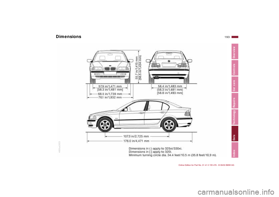 BMW 330i SEDAN 2001 E46 Owners Manual 193n
IndexDataTechnologyRepairsCar careControlsOverview
460us303
Dimensions  