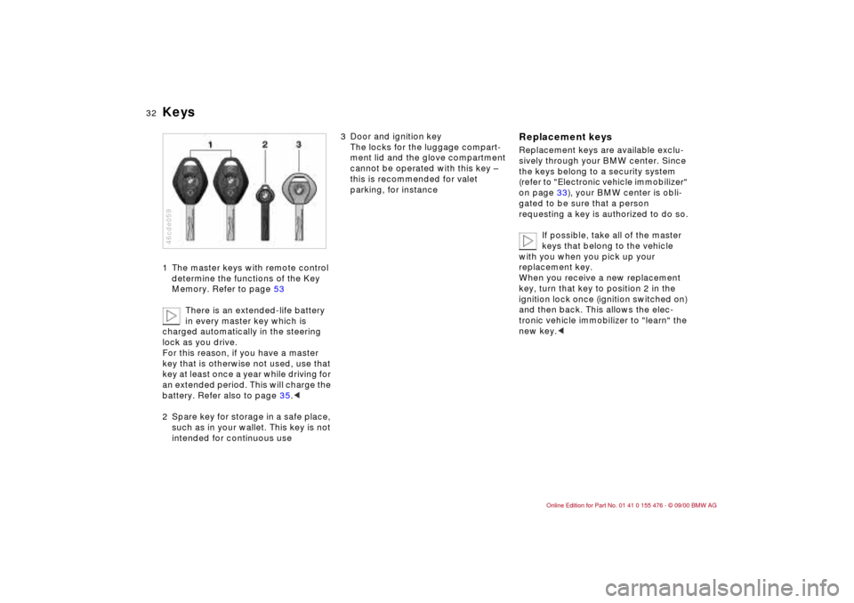BMW 330i SEDAN 2001 E46 Owners Guide 32n
Keys1 The master keys with remote control
determine the functions of the Key
Memory. Refer to page 53
There is an extended-life battery
in every master key which is
charged automatically in th BMW 330i SEDAN 2001 E46 Owners Guide 32n
Keys1 The master keys with remote control
determine the functions of the Key
Memory. Refer to page 53
There is an extended-life battery
in every master key which is
charged automatically in th