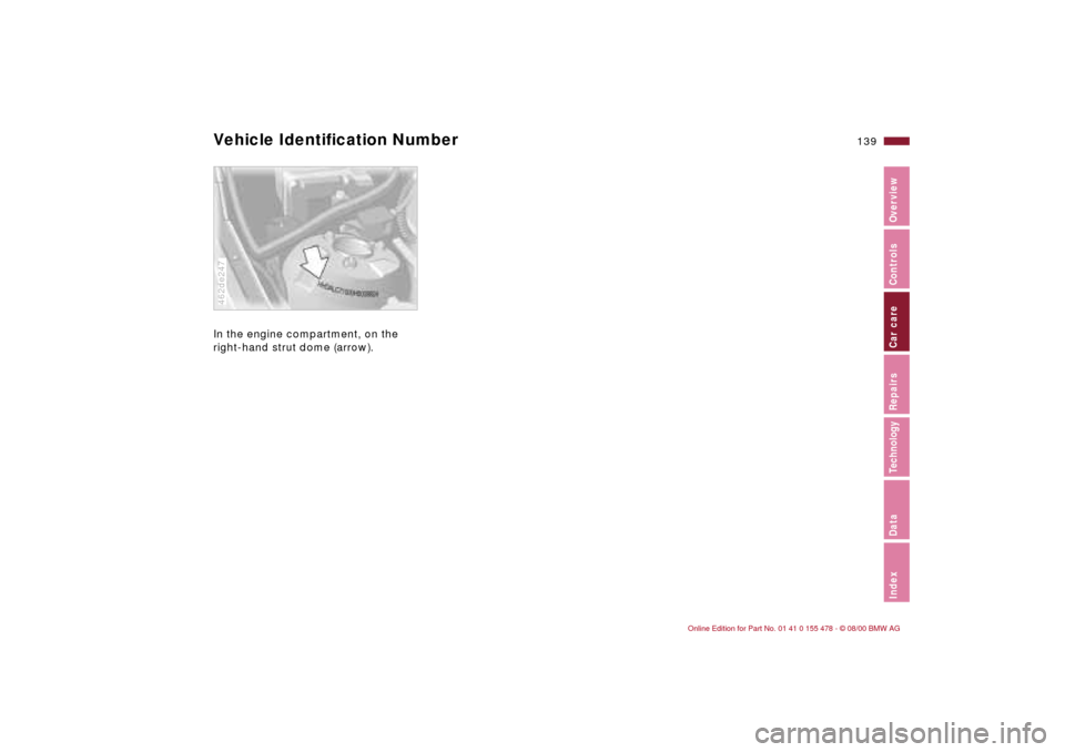 BMW 330Ci COUPE 2001 E46 Owners Manual 139n
IndexDataTechnologyRepairsCar careControlsOverview
Vehicle Identification NumberIn the engine compartment, on the 
right-hand strut dome (arrow). 462de247 