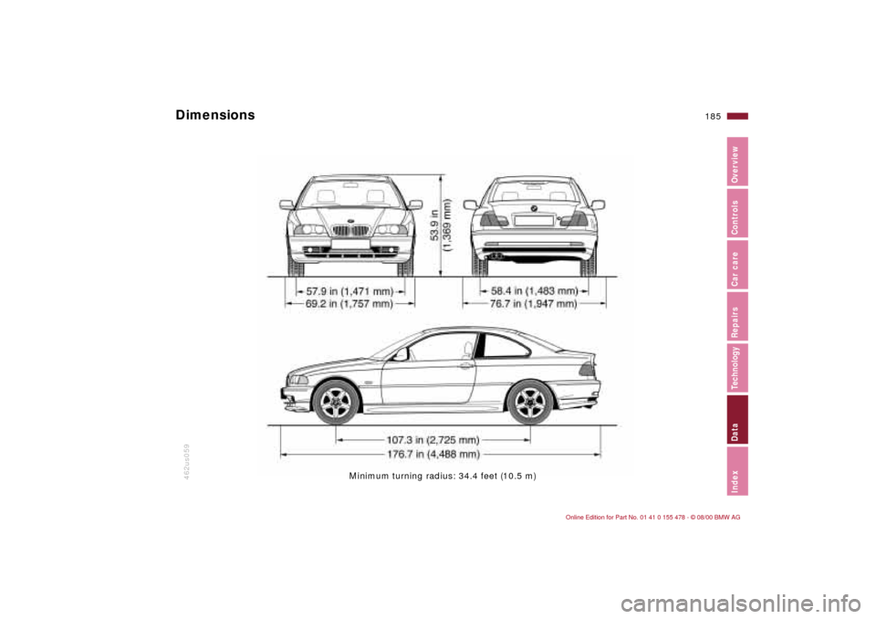 BMW 330Ci COUPE 2001 E46 Owners Manual 185n
IndexDataTechnologyRepairsCar careControlsOverview
462us059
Minimum turning radius: 34.4 feet (10.5 m)
Dimensions  