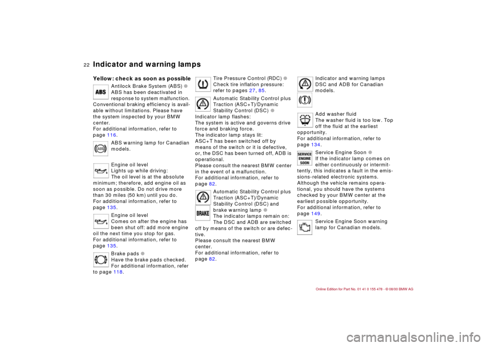 BMW 325Ci COUPE 2001 E46 Owners Manual 22n
Indicator and warning lampsYellow: check as soon as possible
Antilock Brake System (ABS) l 
ABS has been deactivated in 
response to system malfunction. 
Conventional braking efficiency is avail-

