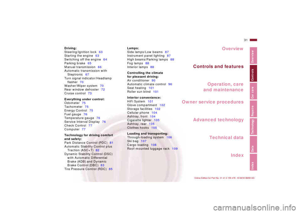 BMW 325Ci COUPE 2001 E46 Owners Manual Overview
Controls and features
Operation, care
and maintenance
Owner service procedures
Technical data
Index Advanced technology
31n
IndexDataTechnologyRepairsCar careControlsOverview
Driving:
Steerin