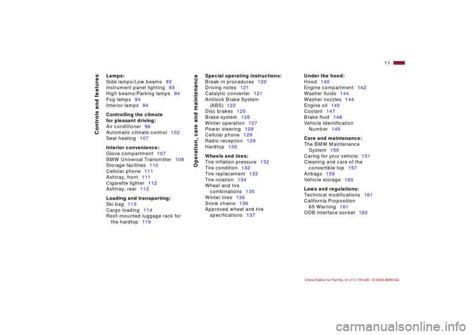 BMW 330Ci CONVERTIBLE 2001 E46 Owners Manual  
11n
 
Controls and features
Operation, care and maintenance
 
Lamps:
 
Side lamps/Low beams93
Instrument panel lighting93
High beams/Parking lamps94
Fog lamps94
Interior lamps94
 
Controlling the cl