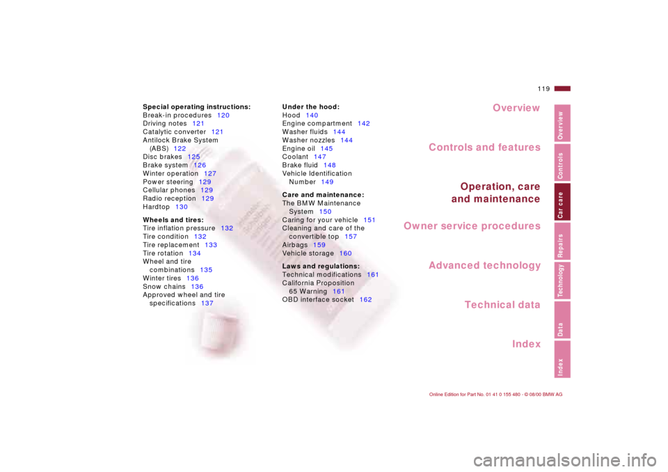 BMW 325Ci CONVERTIBLE 2001 E46 Owners Manual Overview
Controls and features
Operation, care
and maintenance
Owner service procedures
Technical data
Index Advanced technology
119n
IndexDataTechnologyRepairsCar careControlsOverview
Special operati
