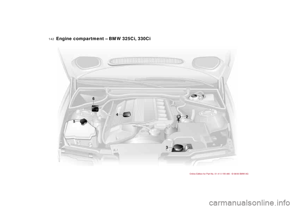 BMW 330Ci CONVERTIBLE 2001 E46 Owners Manual 142n
Engine compartment Ð BMW 325Ci, 330Ci
462us055 BMW 330Ci CONVERTIBLE 2001 E46 Owners Manual 142n
Engine compartment Ð BMW 325Ci, 330Ci
462us055