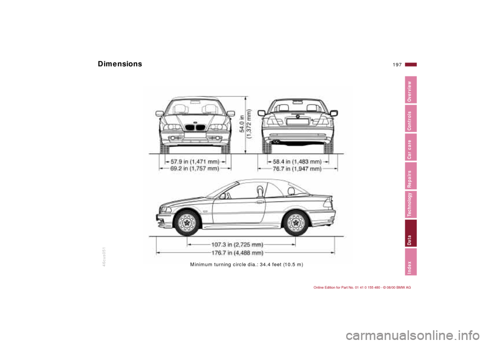 BMW 325Ci CONVERTIBLE 2001 E46 Owners Manual 197n
IndexDataTechnologyRepairsCar careControlsOverview
46cus051
Minimum turning circle dia.: 34.4 feet (10.5 m)
Dimensions  