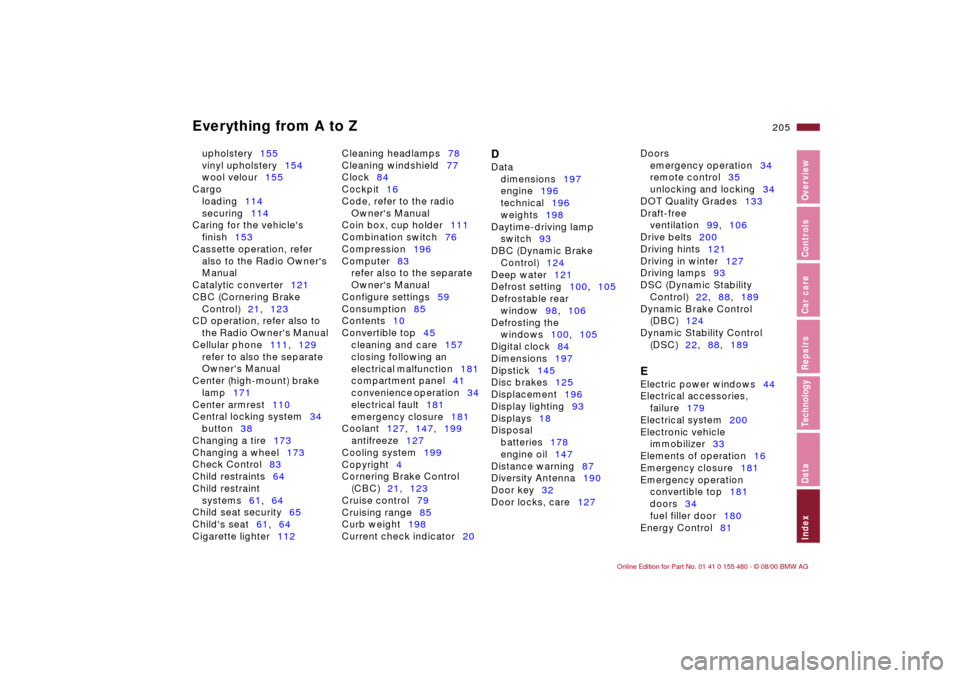 BMW 325Ci CONVERTIBLE 2001 E46 Owners Manual Everything from A to Z
205n
IndexDataTechnologyRepairsCar careControlsOverview
upholstery155 
vinyl upholstery154 
wool velour155 
Cargo 
loading114 
securing114 
Caring for the vehicles 
finish153 
