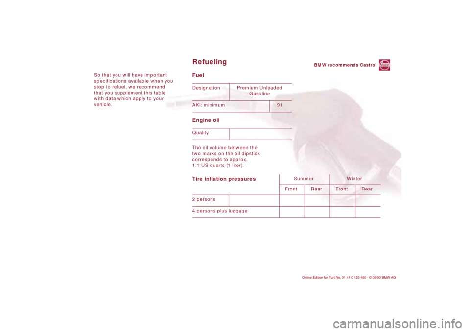 BMW 330Ci CONVERTIBLE 2001 E46 Owners Manual So that you will have important 
specifications available when you 
stop to refuel, we recommend 
that you supplement this table 
with data which apply to your 
vehicle. 
Fuel 
Engine oil The oil volu