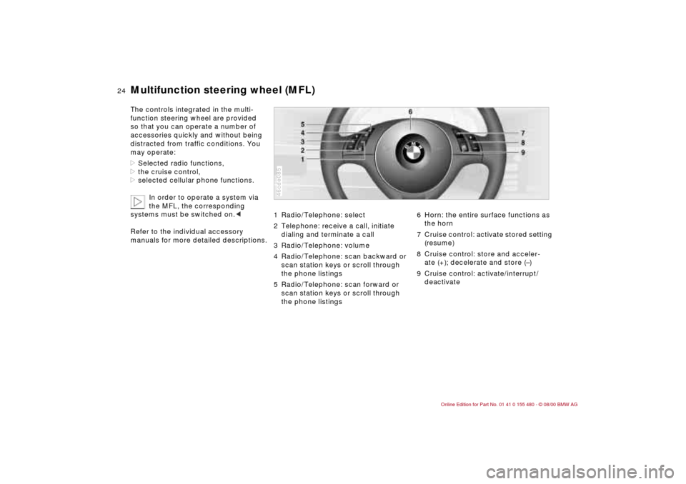 BMW 330Ci CONVERTIBLE 2001 E46 Owners Guide 24n
Multifunction steering wheel (MFL)
The controls integrated in the multi-
function steering wheel are provided
so that you can operate a number of
accessories quickly and without being
distrac BMW 330Ci CONVERTIBLE 2001 E46 Owners Guide 24n
Multifunction steering wheel (MFL)
The controls integrated in the multi-
function steering wheel are provided
so that you can operate a number of
accessories quickly and without being
distrac