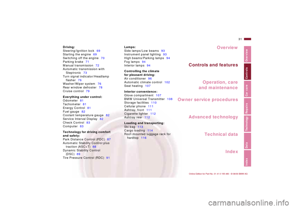 BMW 330Ci CONVERTIBLE 2001 E46 Owners Manual Overview
Controls and features
Operation, care
and maintenance
Owner service procedures
Technical data
Index Advanced technology
31n
IndexDataTechnologyRepairsCar careControlsOverview
Driving:
Steerin