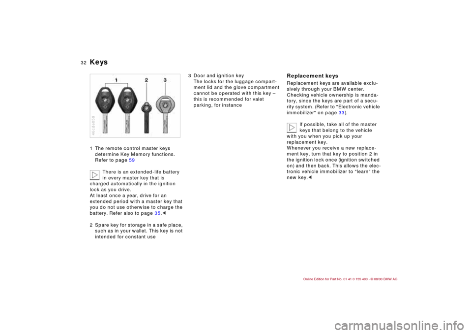 BMW 325Ci CONVERTIBLE 2001 E46 Owners Guide 32n
Keys1 The remote control master keys 
determine Key Memory functions. 
Refer to page 59 
There is an extended-life battery 
in every master key that is 
charged automatically in the ignition 
lock