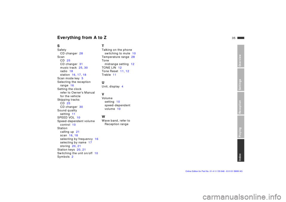 BMW 3 SERIES 2002 E46 Business CD Radio Manual Everything from A to Z
35n
OverviewSettingsReceptionPlayingIndex
SSafety
CD changer28
Scan
CD25
CD changer31
music track25, 30
radio18
station16, 17, 18
Scan mode key5
Selecting the reception 
range16