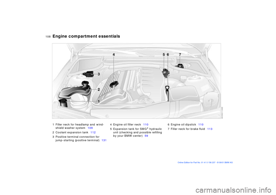 BMW M3 COUPE 2002 E46 Owners Guide 108n
Engine compartment essentials1 Filler neck for headlamp and
 wind-
shield washer system109 
2 Coolant expansion tank112 
3 Positive terminal connection for 
jump-starting (positive terminal)131 4