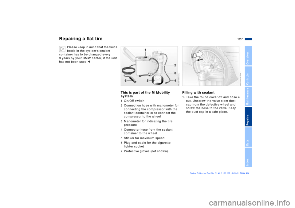 BMW M3 COUPE 2002 E46 Owners Manual 127n
OverviewControlsMaintenanceRepairsDataIndex
Repairing a flat tire
Please keep in mind that the fluids 
bottle in the systems sealant 
container has to be changed every 
3 years by your BMW cente