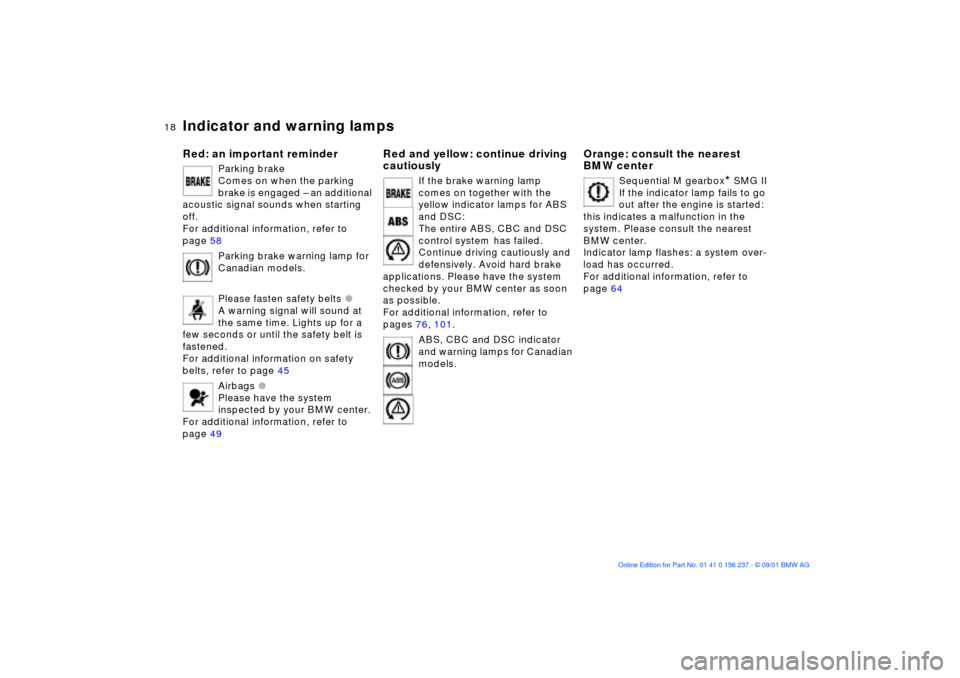 BMW M3 COUPE 2002 E46 Owners Manual  
18n
 
Indicator and warning lamps
 
Red: an important reminder
 
Parking brake
Comes on when the parking 
brake is engaged Ð an additional 
acoustic signal sounds when starting 
off. 
For additiona
