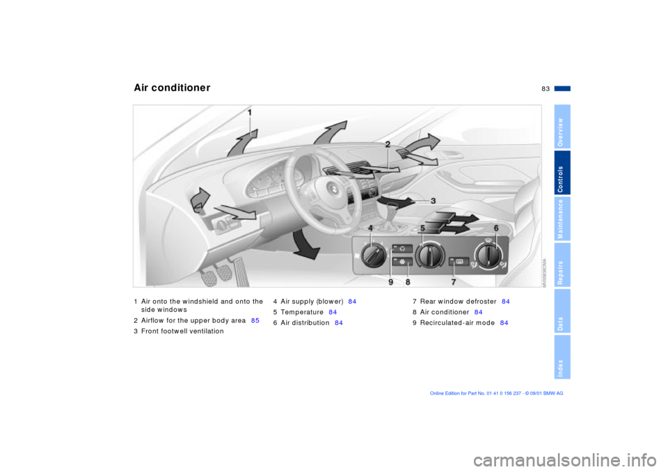BMW M3 COUPE 2002 E46 Owners Manual 83n
OverviewControlsMaintenanceRepairsDataIndex
Air conditioner
1 Air onto the windshield and onto the
side windows
2 Airflow for the upper body area85
3 Front footwell ventilation4 Air supply (blo BMW M3 COUPE 2002 E46 Owners Manual 83n
OverviewControlsMaintenanceRepairsDataIndex
Air conditioner
1 Air onto the windshield and onto the
side windows
2 Airflow for the upper body area85
3 Front footwell ventilation4 Air supply (blo