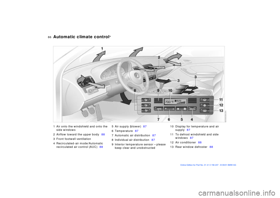 BMW M3 COUPE 2002 E46 Manual Online 86n
Automatic climate control
*
1 Air onto the windshield and onto the 
side windows
2 Airflow toward the upper body88
3 Front footwell ventilation
4 Recirculated-air mode/Automatic 
recirculated air 