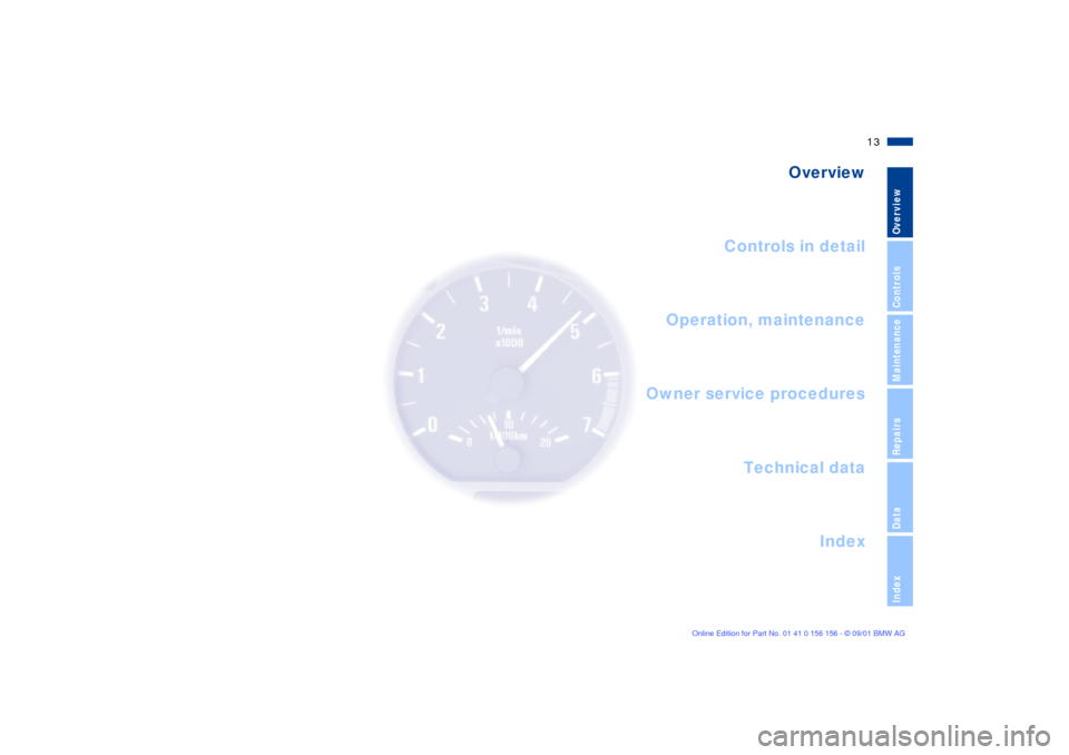 BMW 325i TOURING 2002 E46 Owners Manual  
13n
 
OverviewControlsMaintenanceRepairsDataIndex
 
Overview
Controls in detail
Operation, maintenance
Owner service procedures
Index Technical data
 
Overview 