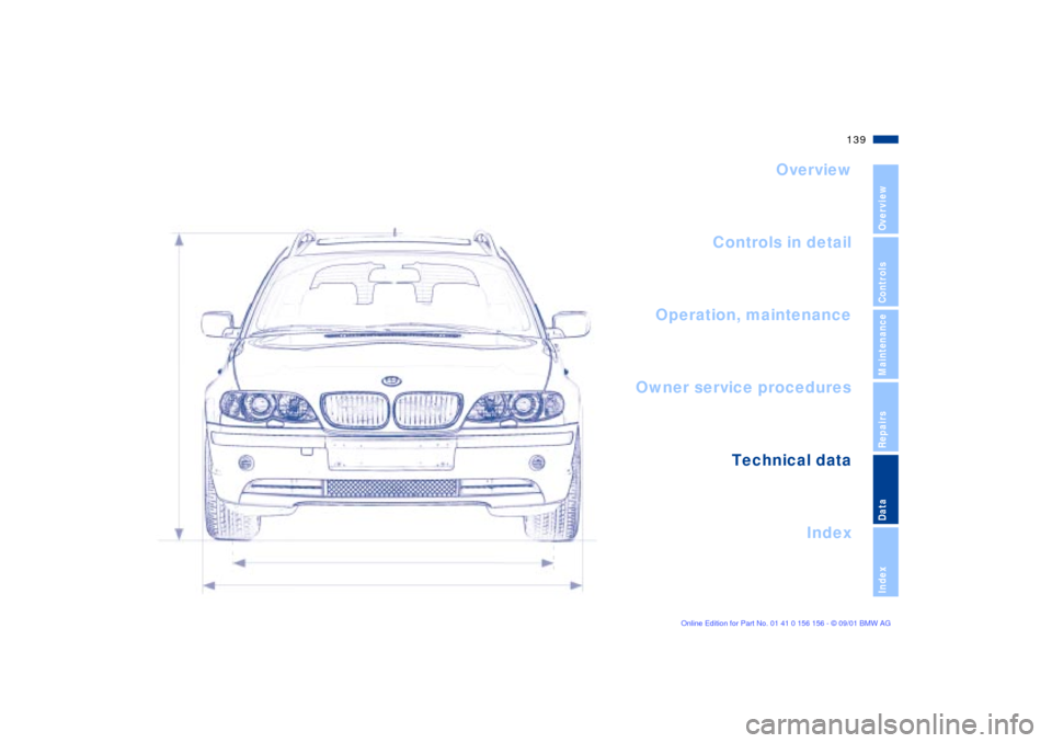 BMW 325i TOURING 2002 E46 Owners Manual 139n
OverviewControlsMaintenanceRepairsDataIndex
Overview
Controls in detail
Operation, maintenance
Owner service procedures
Index Technical data
   
Data 