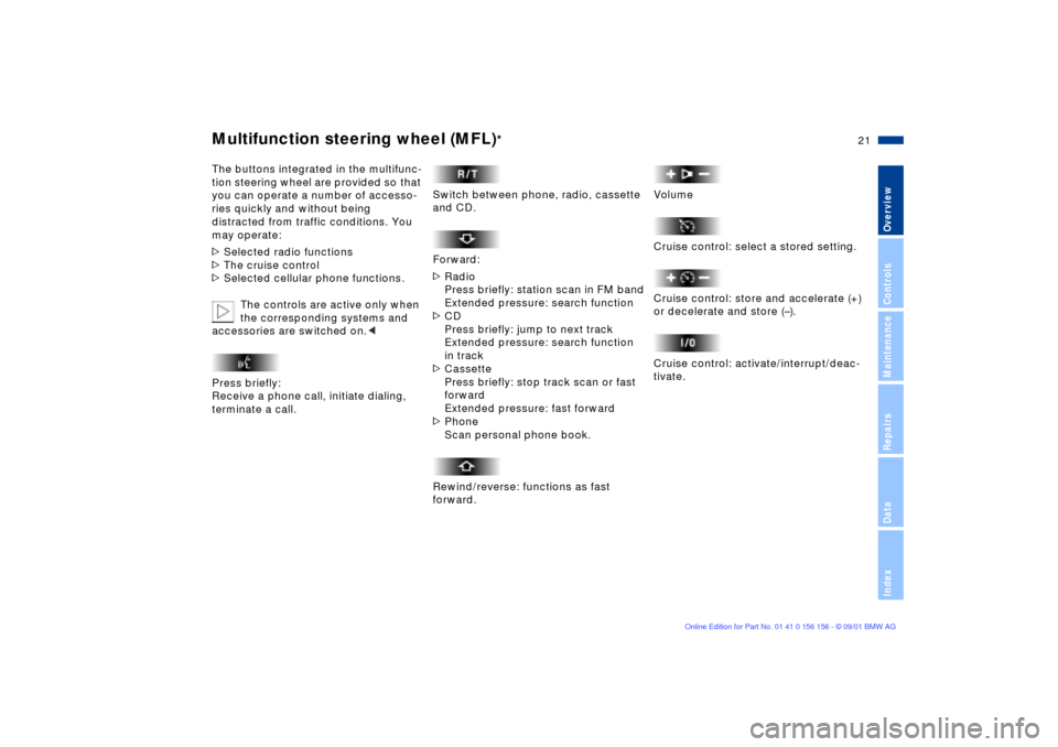 BMW 325i TOURING 2002 E46 Owners Manual  21n 
OverviewControlsMaintenanceRepairsDataIndex
 
Multifunction steering wheel (MFL)
 
* 
The buttons integrated in the multifunc-
tion steering wheel are provided so  that 
you can operate a number