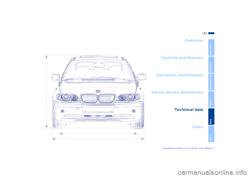 BMW 330i SEDAN 2002 E46 Owners Manual 139n
OverviewControlsMaintenanceRepairsDataIndex
Overview
Controls and features
Operation, maintenance
Owner service procedures
Index Technical data
Index BMW 330i SEDAN 2002 E46 Owners Manual 139n
OverviewControlsMaintenanceRepairsDataIndex
Overview
Controls and features
Operation, maintenance
Owner service procedures
Index Technical data
Index