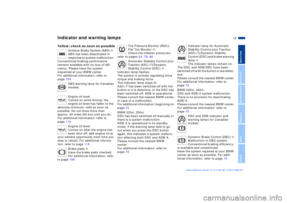 BMW 325xi SEDAN 2002 E46 Owners Manual  
19n
 
OverviewControlsMaintenanceRepairsDataIndex
 
Indicator and warning lamps
 
Yellow: check as soon as possible
 
Antilock Brake System (ABS) 
 
l
 
ABS has been deactivated in 
response to syst