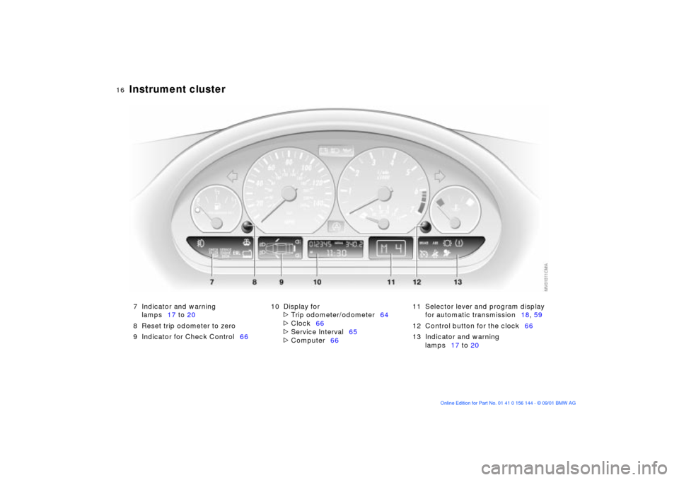 BMW 330Ci COUPE 2002 E46 Owners Manual  
16n
 
Instrument cluster
 
7 Indicator and warning 
lamps17 to 20
8 Reset trip odometer to zero
9 Indicator for Check Control6610 Display for
 
>
 
Trip odometer/odometer64
 
>
 
Clock66
 
>
 
Servi
