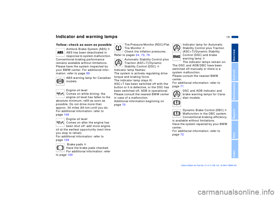 BMW 330Ci COUPE 2002 E46 Owners Manual  
19n
 
OverviewControlsMaintenanceRepairsDataIndex
 
Indicator and warning lamps
 
Yellow: check as soon as possible
 
Antilock Brake System (ABS)
 
 l
 
ABS has been deactivated in 
response to syst